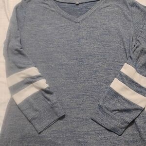 Women's Blue V-Neck Pullover with White Sleeve Stripes